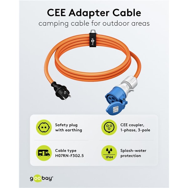 CEE-adapterkabel, kontakt med skyddsjord till CEE hona, 5 m