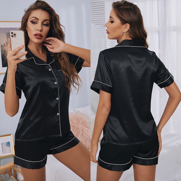 Button Down Short Pyjamas Set för kvinnor 2-delade toppar och shorts Svart XXL