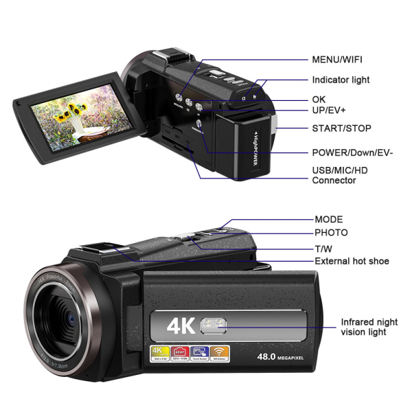 INF Videokamera 4K UHD / 48MP / 16x zoom vidvinkel / 32GB kort / mikrofon