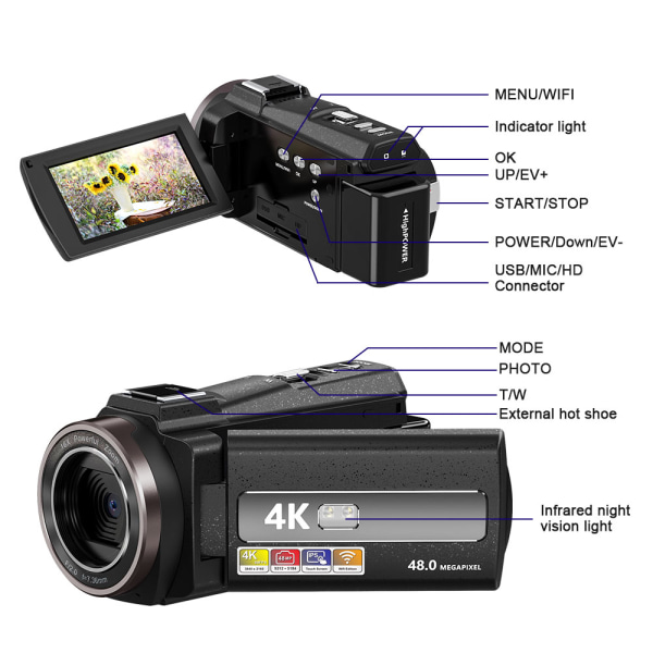 INF Videokamera 4K UHD/48MP/16x zoom vidvinkel/vidvinkelobjektiv
