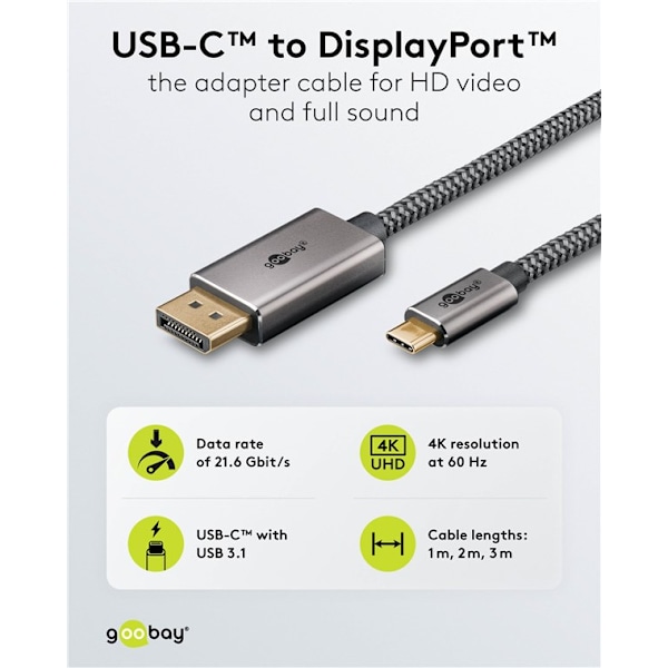 USB-C™-till-DisplayPort™-kabel 4K @ 60 Hz, 1 m, svart