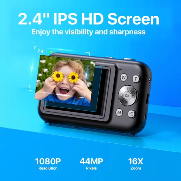Digikamera 1080P, 44MP, 16x zoom, 2,4 tuuman näyttö Sininen