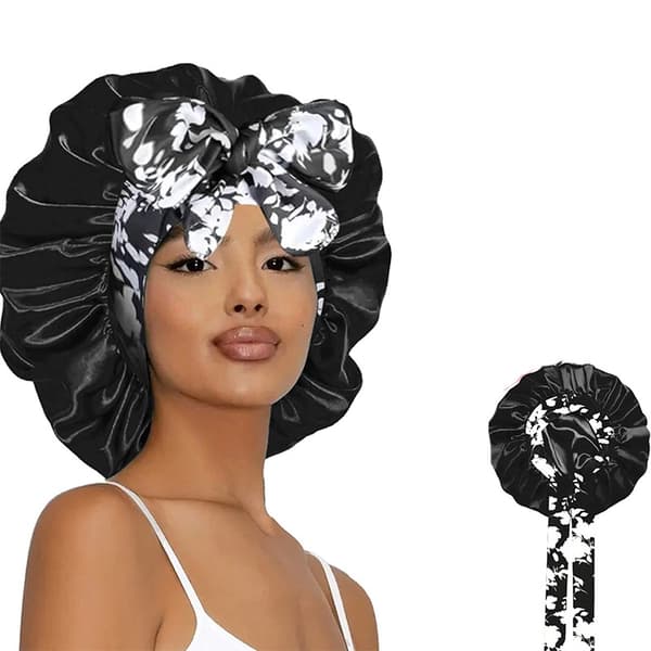 Satin Blommigt Tryck Sovmössa med Bred Kant och Band - Extra Stor Bonnet Black Black