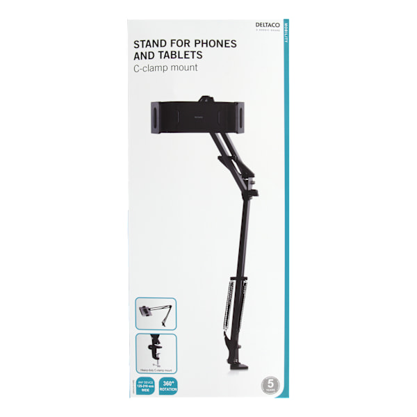 Stand for phones & tablets 4"-12.9", c-clamp, 360°, black