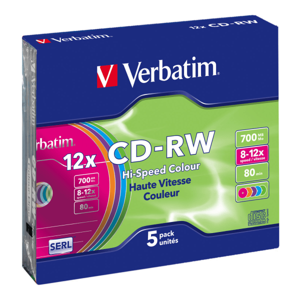 CD-RW, 12x, 700 MB / 80 min, 5-pack slim case, SERL, colored