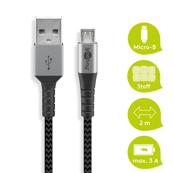 Mikro USB til USB-A tekstilkabel med metalstik 2 m