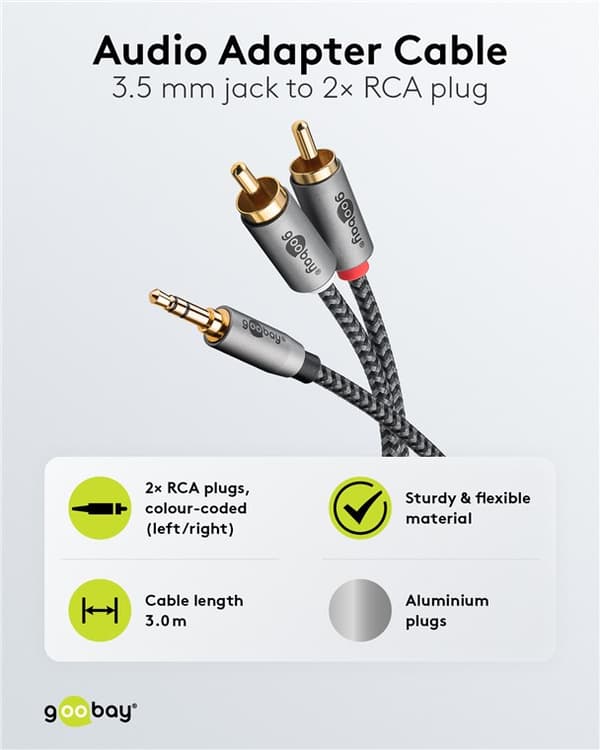 Audioadapterkabel AUX, 3,5 mm jackstik til stereo RCA-stik, 3 m