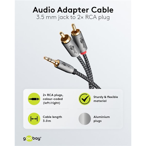 Ljudadapterkabel AUX, 3,5 mm jack till stereo RCA-kontakt, 3 m