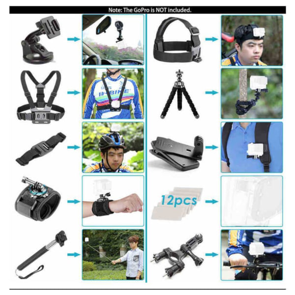 GoPro Action Camera Accessories 12-i-1 Bundle Kit, GoPro 8/9, Xi Svart