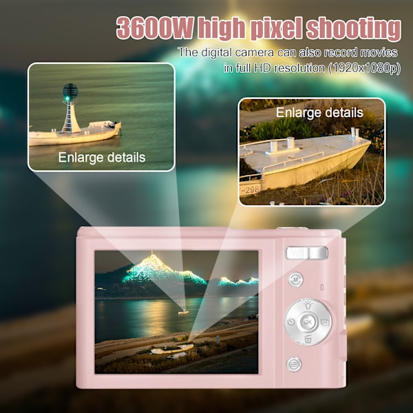 INF Digitalkamera 48 MP, 1080p FHD, 16x zoom, 32GB minneskort Rosa