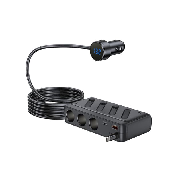 3-i-1 cigarettænder biloplader med PD45W, digital voltvisning og indtrækbart 65cm kabel — 142W samlet effekt, USB-A og USB-C udgange