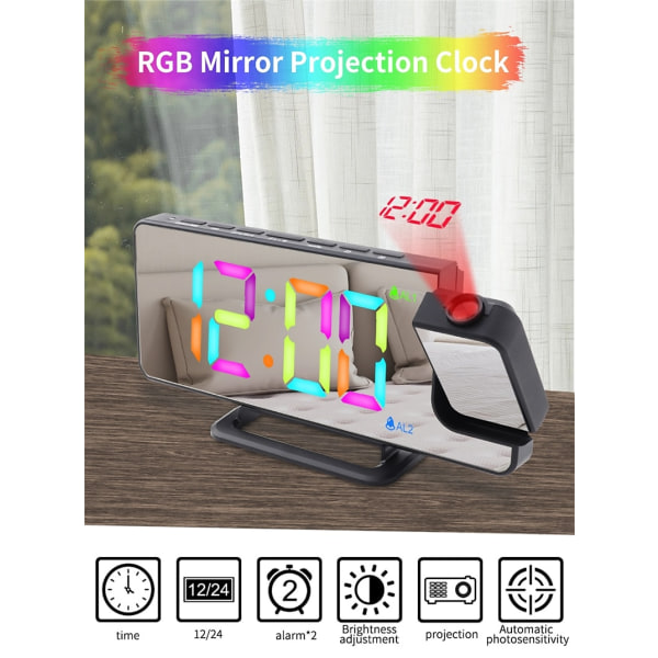 INF Väckarklocka med RGB LED 180° roterbar projektorklocka Vit