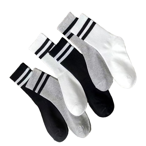 5 par pakke mid-calf sokker - sort, hvid, grå med striber - blandet