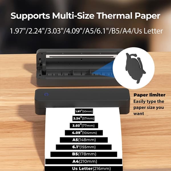 A4 termisk printer med Bluetooth og USB, blækfri udskrivning til dokumenter og etiketter, bærbart ABS-design til hjem og kontor White White