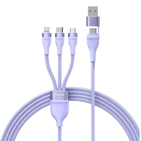 3-i-1 USB-kabel Baseus Flash Series 2, USB-C + micro USB + Lightning, 100W, 1,2m (lila)