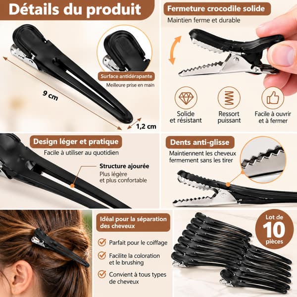 10-pack Alligator-hårklämmor Krokodilspänne Black Black