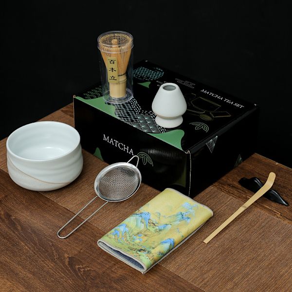 Matcha Visp Set CT Sju Delar - Vit Keramik & Bambu