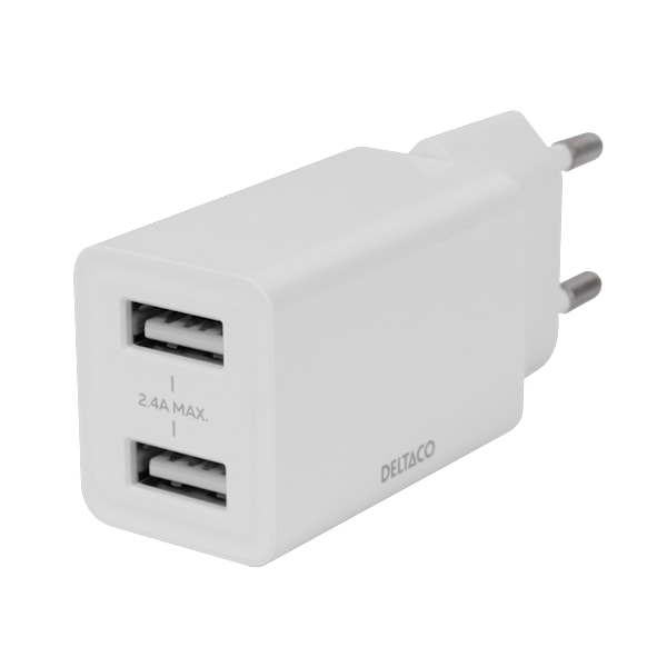 USB wall charger, 2x USB-A, 2.4 A, max total 12 W, white