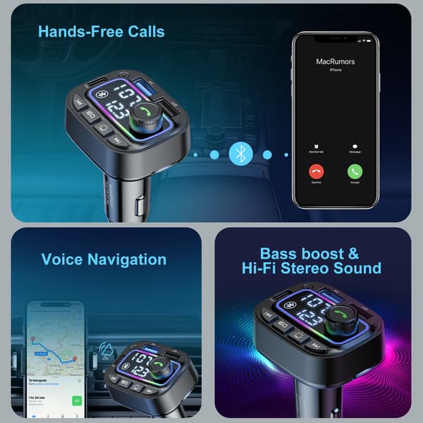 Bil Bluetooth MP3-spelare – Bluetooth 5.3 FM-sändare med dubbla USB och PD30W snabbladdning, 12-24V