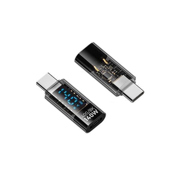 140W USB-C Hun til USB-C Han Adapter med Digital Display - Transparent Sort (2 stk)