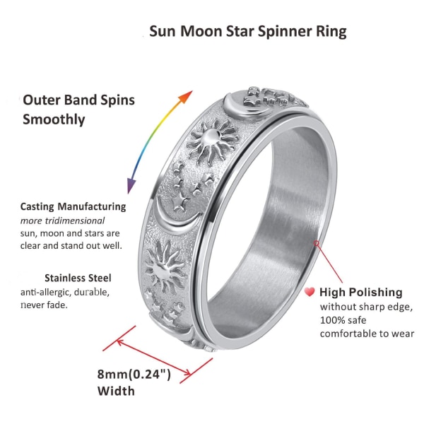 Moon and Star anti-stress ring i rustfrit stål Sølv 24 mm