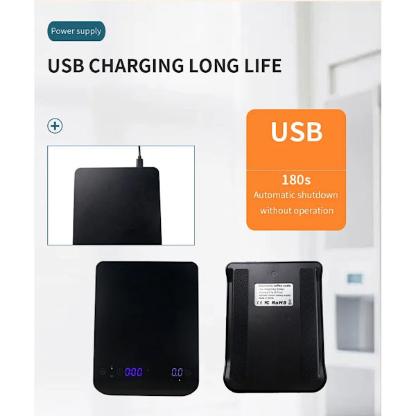 Mini digital kaffevægt med dobbelt timer, USB-C genopladelig, højpræcisionssensor, LED-display - Sort
