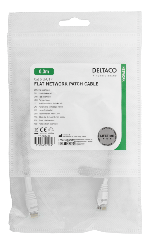 U/UTP Cat6 patch cable, flat, 0.3m, 250MHz, white
