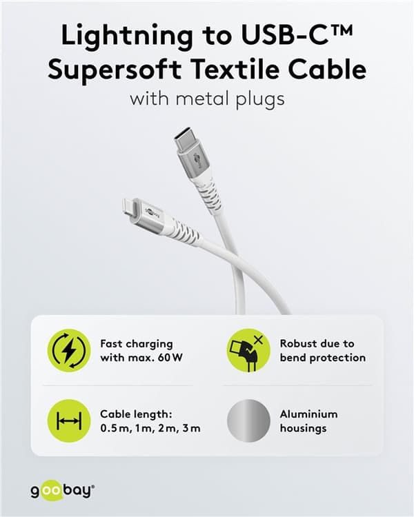 Lightning USB-C™ superblødt tekstilkabel med metalstik, 1 m, hvid