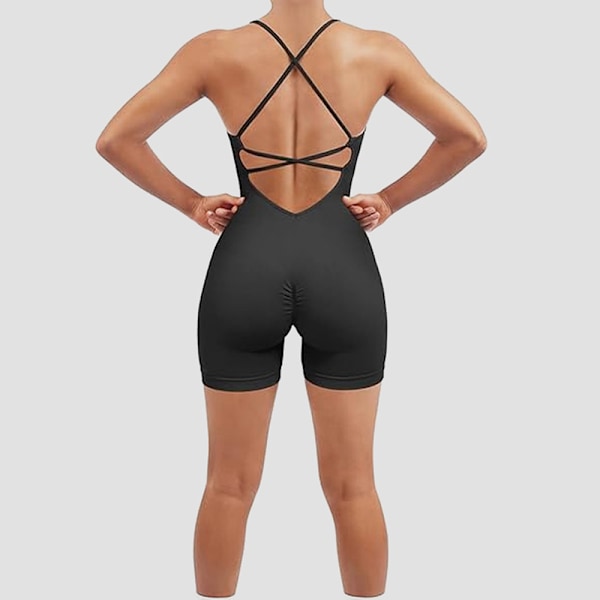 Sømløs rygfri bodysuit yoga jumpsuit - sort L