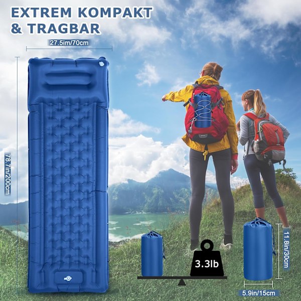 Oppustelig liggeunderlag til camping og vandreture Blå