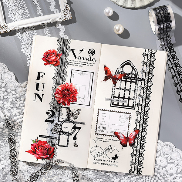 Elegant blommig spets Washi-tejp för journalföring och hantverk