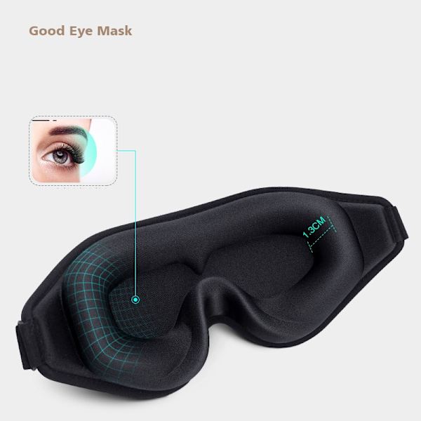 Blød 3D-sovemaske øjenmaske til fly, rejse, yoga eller hvile Sort