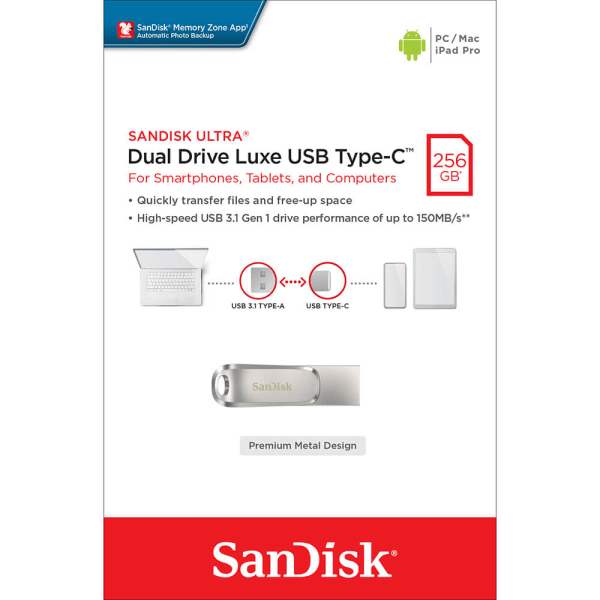 SANDISK USB Dual Drive Luxe 256GB 150MB/s USB-C & USB 3.1