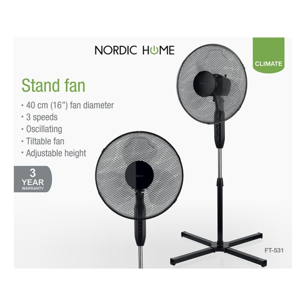 Stand Fan, 410mm, three speed setting, 50W, tiltable, black