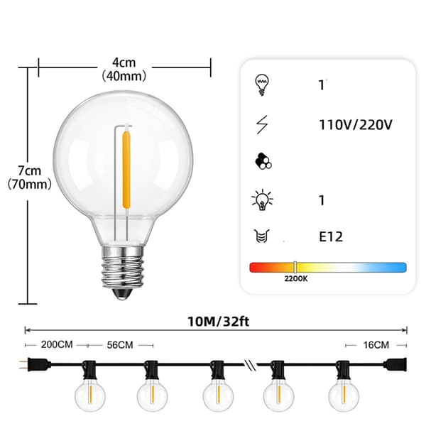 10m 15 LED E12 -pistorasialamppu - Musta, 220V - Sisältää varapolttimon