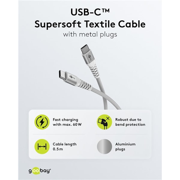 USB-C™ supersoft textilkabel med metallkontakter, 0,5 m, vit