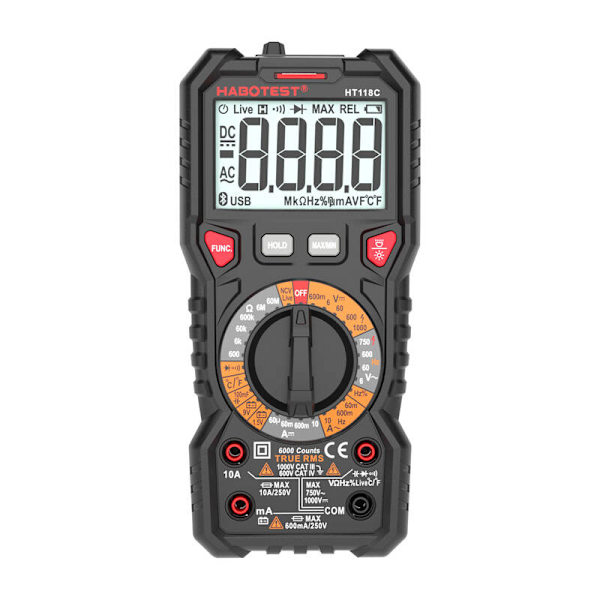 Digital multimeter med ficklampa Habotest HT118C, True RMS, NCV, batteritestning