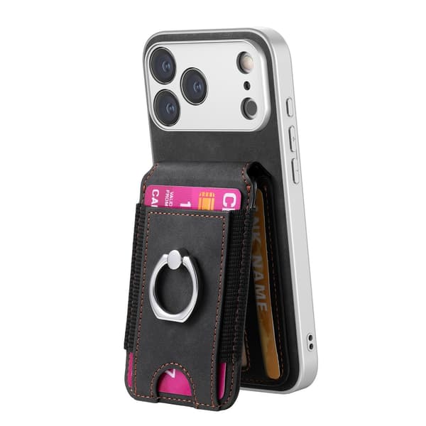 Sort PU-pungeetui kompatibelt med iPhone 17 Pro Max og iPhone 18 Pro Max med RFID-blokering og ringholder
