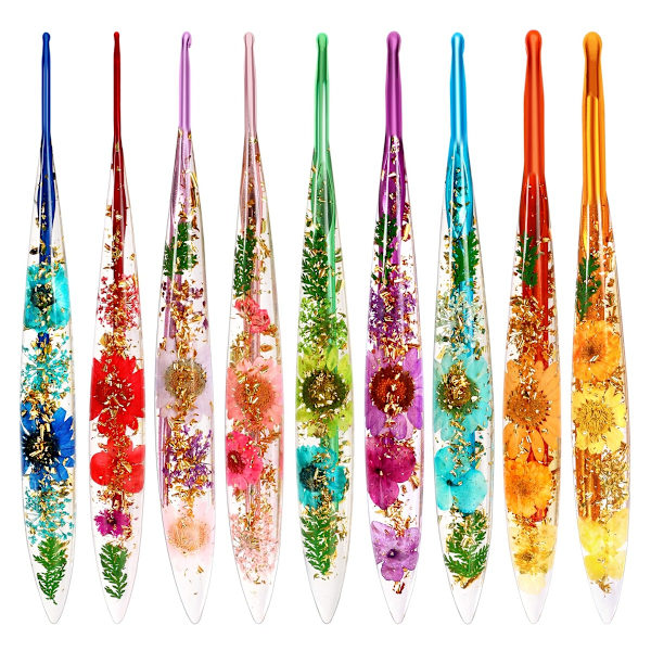 Resin Floral Crochet Hook Set 9-Piece — Extended Solid Aluminum Single-Head Hooks, Multicolor