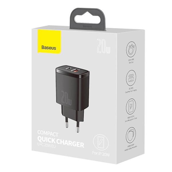 Baseus kompakt snabbladdare, USB, USB-C, 20W (svart)