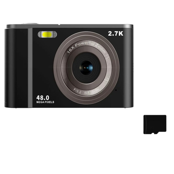Digitalkamera 2,7K 48MP 1080P, 16x zoom, 32GB minneskort Svart