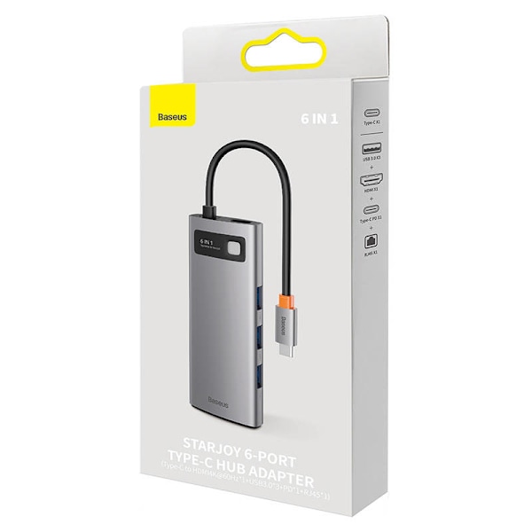 Keskitin 6in1 Baseus StarJoy -sarja, USB-C - 3x USB 3.0 + HDMI + USB-C PD + RJ45