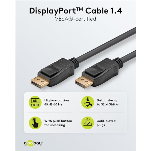 DisplayPort™-kabel 1.4, certifierad, 32,4 Gbit/s