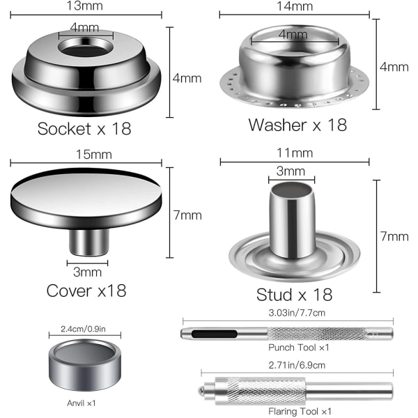 15 mm Snäpplåssats - Verktygssats med Snäppknappar Silver