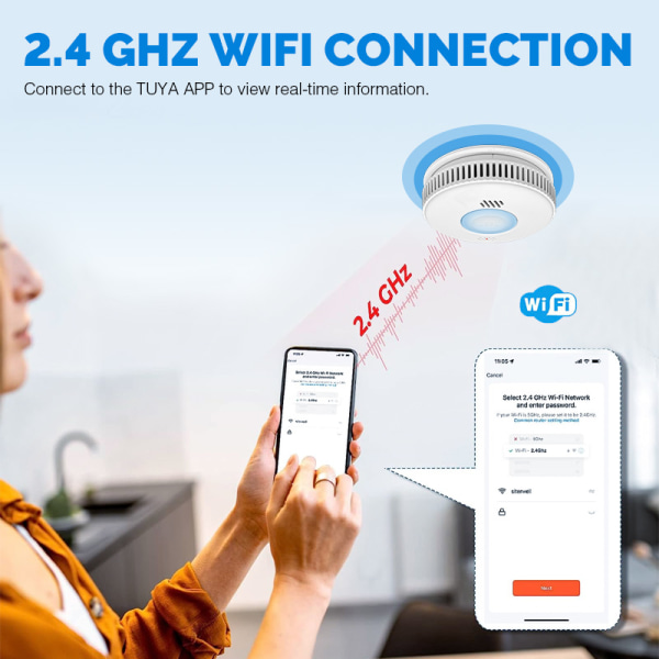 WiFi Brandvarnare, 3-års batteri Brandlarm med LED-indikator Vit