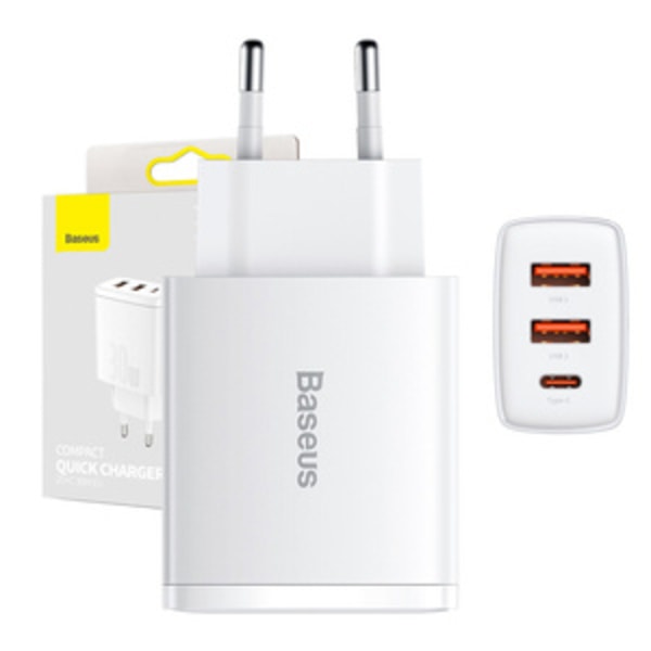Ładowarka sieciowa Baseus kompakt snabbladdare, 2xUSB, USB-C, PD, 3A, 30W (biła)
