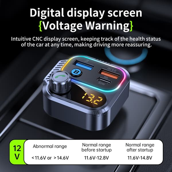 Bil Bluetooth MP3-sender med PD30W USB-C-oplader og dual USB 5V/2.4A, Bluetooth 5.3, MP3 WMA WAV-understøttelse, 12V-24V