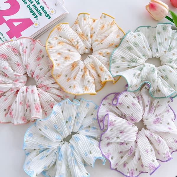 Blomstret Chiffon Scrunchies Hårelastik - 5 stk. Hårtilbehør