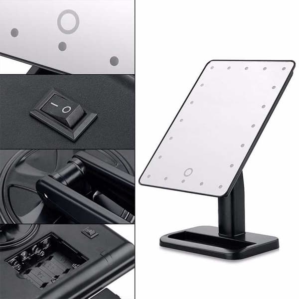 LED Bord Makeup Spejl med Touch Sensor og 360° Rotation - 20 LED Perler Sort