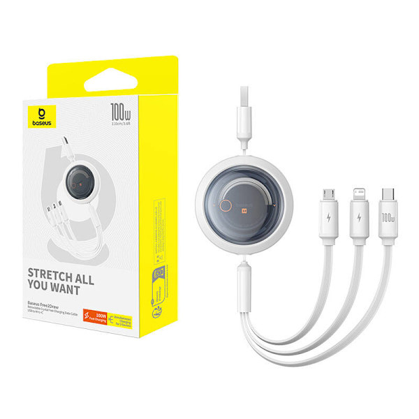 3-i-1 Baseus Free2Draw USB till M+L+C 100W-kabel, 1,1 m (vit)